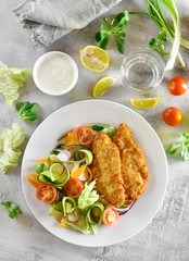 Vegetable salad and breaded chicken breast