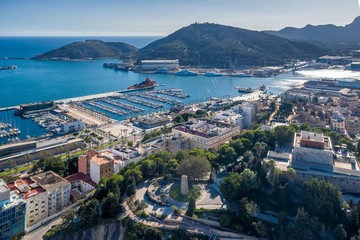 Aerial view of the bay with yachts in the city of Cartagena Spain - obrazy, fototapety, plakaty