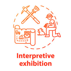 Interpretive exhibition concept icon. Archeology excavation, anthropology. Ancient history item display. Interactive museum exposition idea thin line illustration. Vector isolated outline drawing