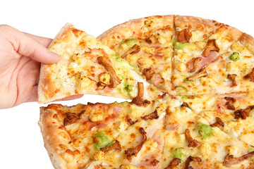 Hand taking slices of delicious pizza