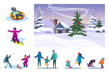 Set of family resting during snowy winter. Flat vector illustrations of people snowboarding, playing snowballs, skating, riding sledge. concept for banner, website design or landing web page