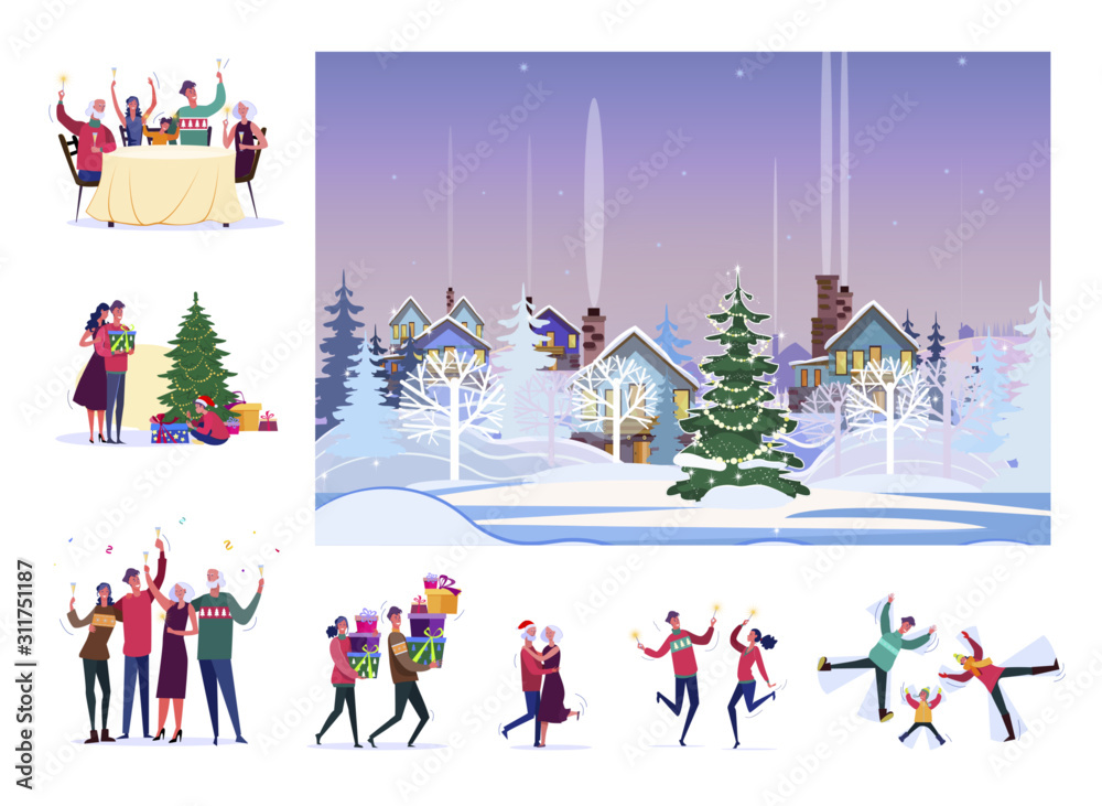 Wall mural set of happy people celebrating christmas. flat vector illustrations of families cheering, presentin