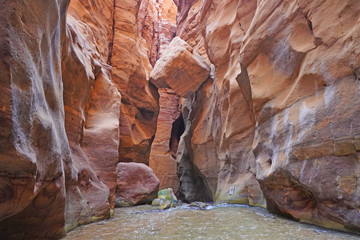 Jordan January 2019 Tourists in Wadi Mujib is a gorge in Jordan which enters the Dead Sea at 410 meters below sea level. The Mujib Reserve of Wadi Mujib is the lowest nature reserve in the world