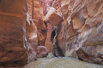 Jordan January 2019 Tourists in Wadi Mujib is a gorge in Jordan which enters the Dead Sea at 410 meters below sea level. The Mujib Reserve of Wadi Mujib is the lowest nature reserve in the world