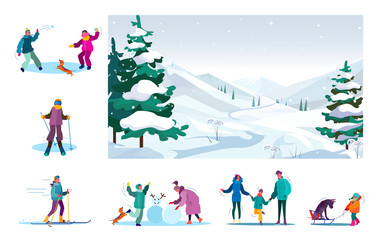 Obraz na płótnie Canvas Set of people spending time together during snowy day. Flat vector illustrations of skiing, skating, having fun. Winter leisure concept for banner, website design or landing web page