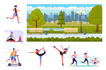 Set of sporty people training. Flat vector illustrations of citizens running, practicing yoga, stretching and skating. Sport concept for banner, website design or landing web page