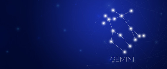 Zodiac constellation of Gemini in abstract space environment with dots and lines at dark blue background with large copy space.