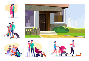 Set of young families spending time together. Flat vector illustrations of parents resting with children and pets. Family concept for banner, website design or landing web page