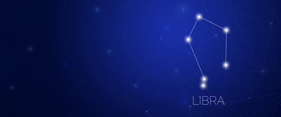 Zodiac constellation of Libra in abstract space environment with dots and lines at dark blue background with large copy space. © Stockwars