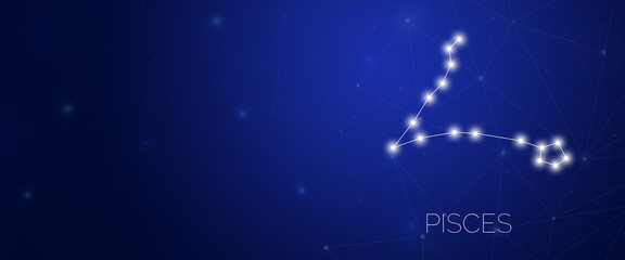 Zodiac constellation of Pisces in abstract space environment with dots and lines at dark blue background with large copy space. © Stockwars