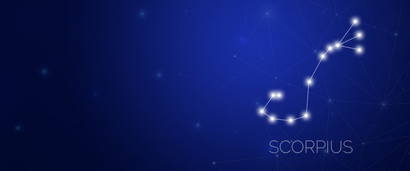Fototapeta premium Zodiac constellation of Scorpius in abstract space environment with dots and lines at dark blue background with large copy space.