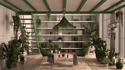 Modern conservatory, winter garden, white and green interior design, lounge, rattan armchair, table. Mezzanine and iron staircase, parquet floor. Relax space full of potted plants