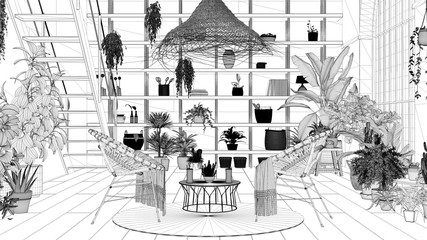 Blueprint project draft, modern conservatory, winter garden interior design, lounge with rattan armchairs. Mezzanine with staircase, parquet floor. Relax space full of potted plants