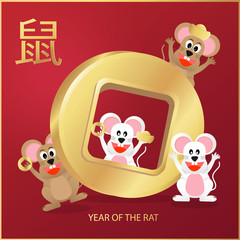 Happy Chinese new year greeting card. Mouse and gold money on red background. Translate: Rat and Happy new year. -Vector
