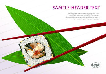Japaneese food. Roll is fixed with sticks. Green leaves are under main composition object. Design template for restraurant or cafe menu.