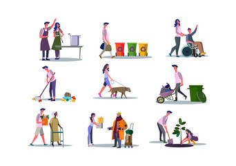 Set of volunteers helping people and caring about environment. Flat vector illustrations of people cooking, recycling. Volunteering concept for banner, website design or landing web page