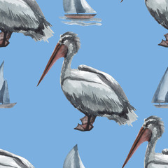 Watercolor seamless pattern with pelican hand drawing decorative background. Print for textile, cloth, wallpaper, scrapbooking