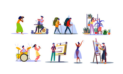 Fototapeta premium Set of young people with various professions. Flat vector illustrations of photographer, potter, florist, singer, architect. Work specialisation concept for banner, website design or landing web page