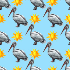 Watercolor seamless pattern with pelican hand drawing decorative background. Print for textile, cloth, wallpaper, scrapbooking
