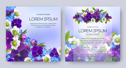 Floral vector card set with flowers of realistic viola, forget-me-not and white buds. Romantic 3d templates for wedding invitation, greeting card, cosmetic products, packages and other design elements
