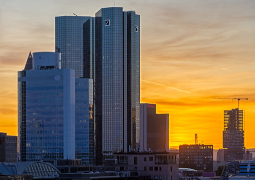 Sunset scene with the Deutsche Bank Headquarter in  Frankfurt, Germany on September 19, 2019