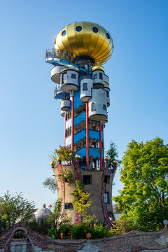 The Kuchlbauer Turm designed by Friedensreich Hundertwasser in Abensberg, Germany on September 20, 2108