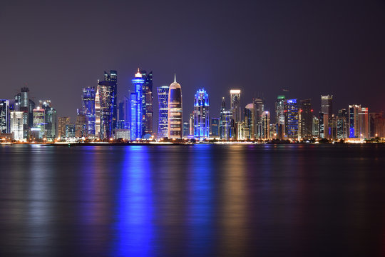 West Bay Panorama At Night From The Gulf In Qatar, Doha