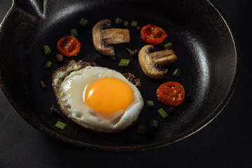 fried egg with tomatoes and herbs, fried avocado egg, fried egg with mushrooms in a pan,