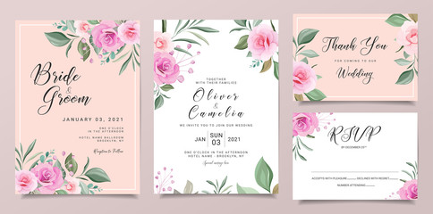 Wedding invitation card template set with elegant flowers decoration border. Roses and leaves botanic illustration for background, save the date, invitation, greeting card, poster vector