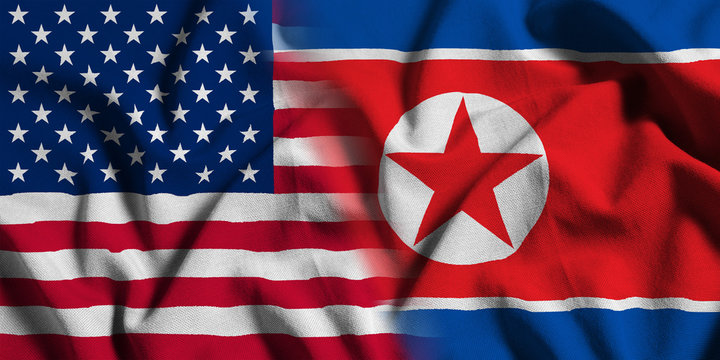 National flag of the United States with North Korea on a waving cotton texture background