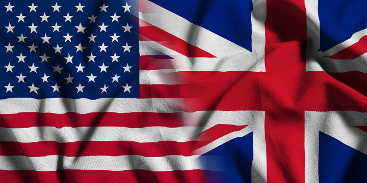 National flag of the United States with the United Kingdom on a waving cotton texture background