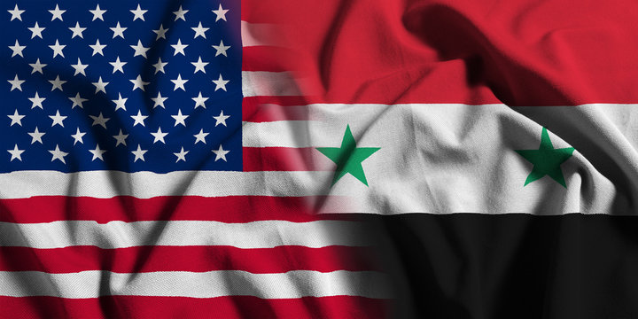 National flag of the United States with Syria on a waving cotton texture background