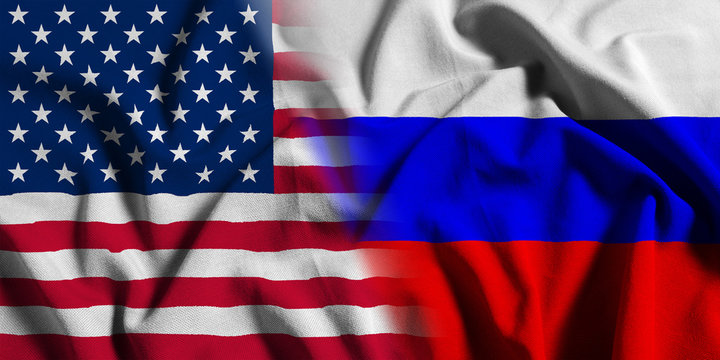 National flag of the United States with Russia on a waving cotton texture background