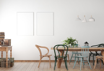 Mock up poster frame in farmhouse dining room with wooden colored chairs and table. Minimalist design in white background. 3D illustration.
