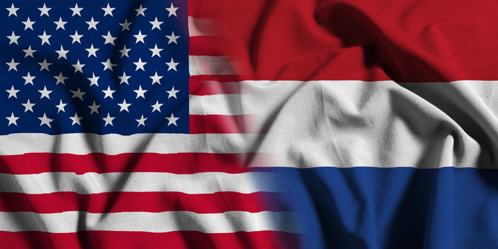 National flag of the United States with the Netherlands on a waving cotton texture background
