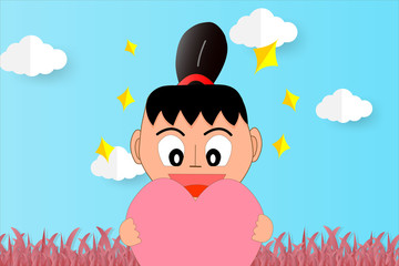 Illustration of valentine day greeting card. Young girl holding hearth with grass and clouds on blue background.