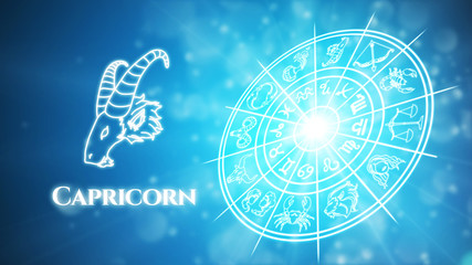 Capricorn zodiac constellation icons signs with zodiac wheel background