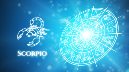 Scorpio zodiac constellation icons signs with zodiac wheel background