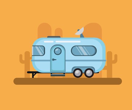 Vintage Travel Trailer, airstream camper in desert sunset. flat illustration vector