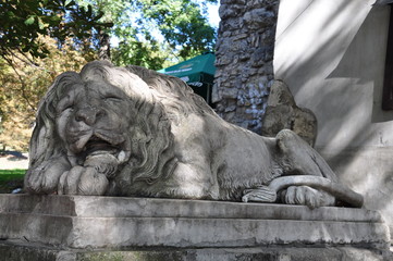 Fototapeta na wymiar sleeping marble lion near the Powder Tower in Lviv