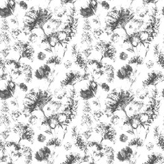 Watercolor drawing of wild meadow flowers, buds, inflorescences and leaves. Summer design. Design wallpaper, textiles, packaging, packaging paper, fabric. Seamless pattern.
