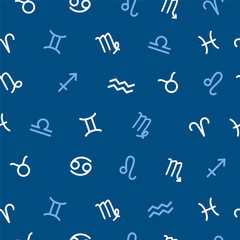 Zodiac signs on a blue background, seamless pattern, vector flat illustration. Astrological background with zodiac signs