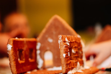 cooking gingerbread cookies, a house of cookies for Santa, kids are preparing to eat, decorating the house