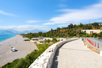 The road along the beach. View of the Mediterranean Sea. Antalya, Turkey, April 6, 2019.