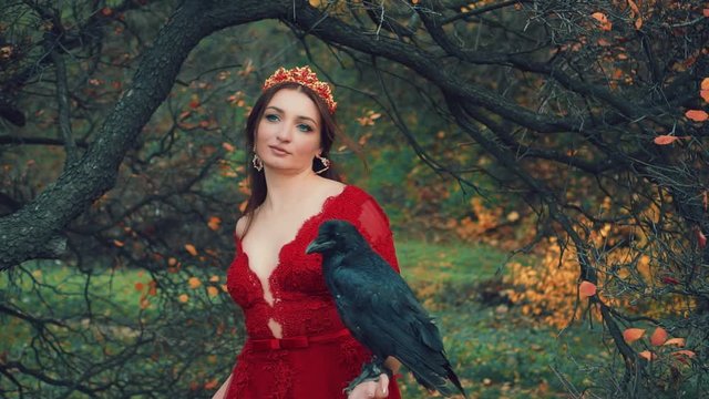 woman with huge black raven on hand. Image of queen in red dress, elegant 