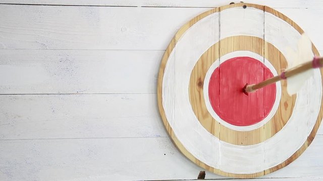 Wooden arrow, with an iron tip and white plumage, hit right on the target on wooden shield with red circle inside. Close-up view