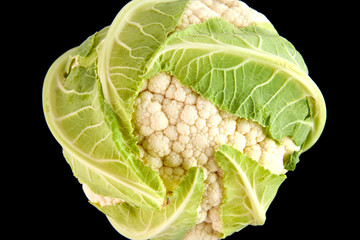 cauliflower closeup, macro photo isolated on black background