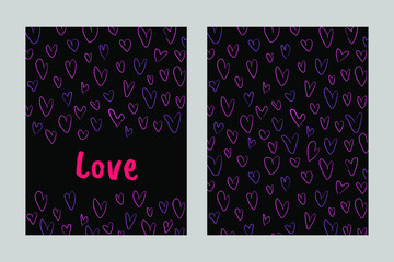 Vector Valentine's greeting card. Pink hearts with text on a black background