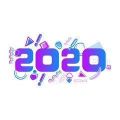 Typography 2020 with abstract geometric graphics, colored gradations of purple and blue