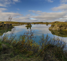 Iceland, Europe, the unique nature of Iceland, the unusual geological properties of Lake Myvitn, where filming of the Game of Thrones movie took place